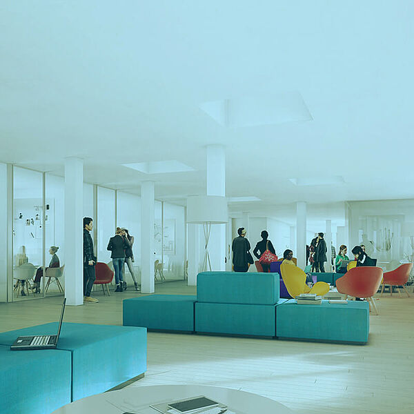 Vue intérieure du bâtiment avec étudiants